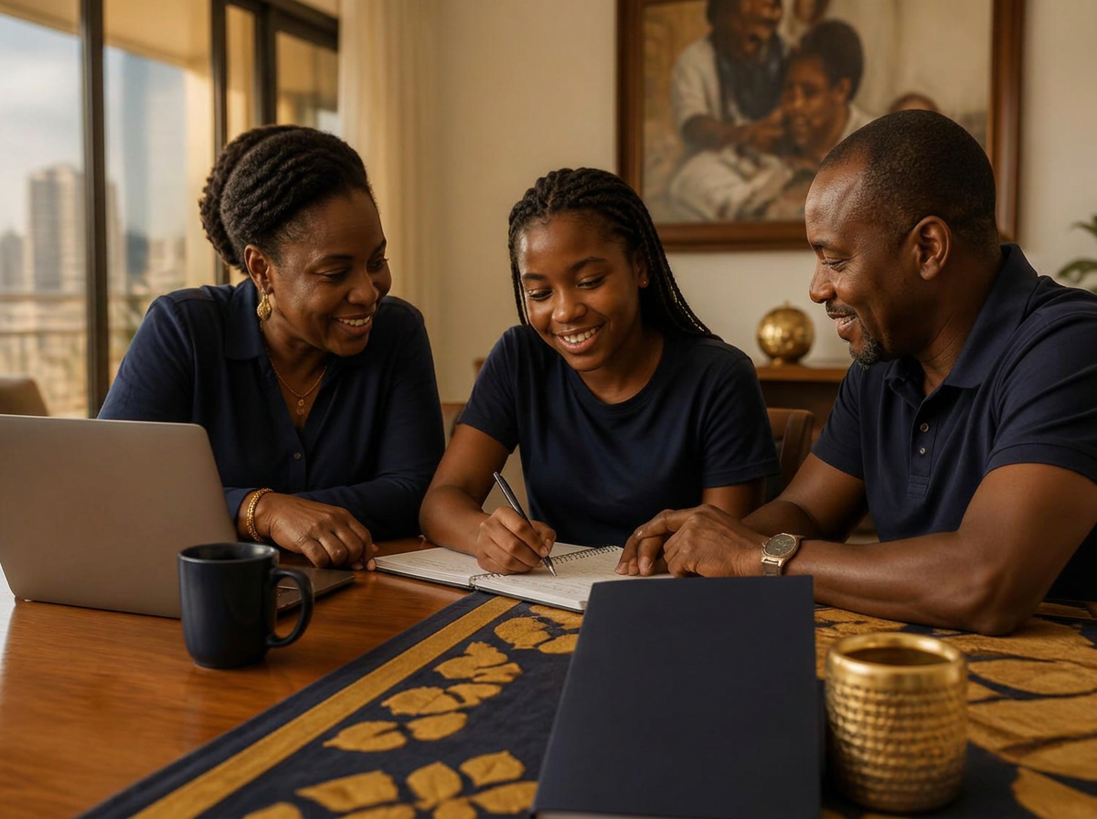 A Kenyan family reviewing their education savings and financial plan together at home